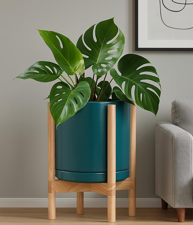 D'vine Dev Ceramic Planter with Natural Stand - 12 Inch Modern Round Flower Pot with Wood Planter Holder, Teal, 55-B-J-4