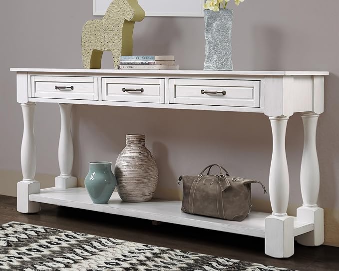 LKTART Solid Wood Console Table for Entryway,Long Sofa Table with 3 Drawers for Hallway,Foyer,Entry,Easy Assembled (63" Antique White)