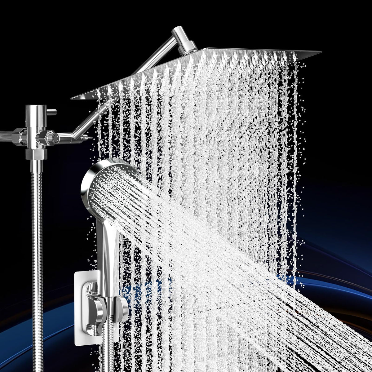 Shower Head, Rain Shower Head with Handheld Spray Combo, 10 Inch Adjustable High Pressure Rainfall Shower Head, Dual Showerhead Set with Extension Arm and 60 Inch Long Shower Hose (Silver)