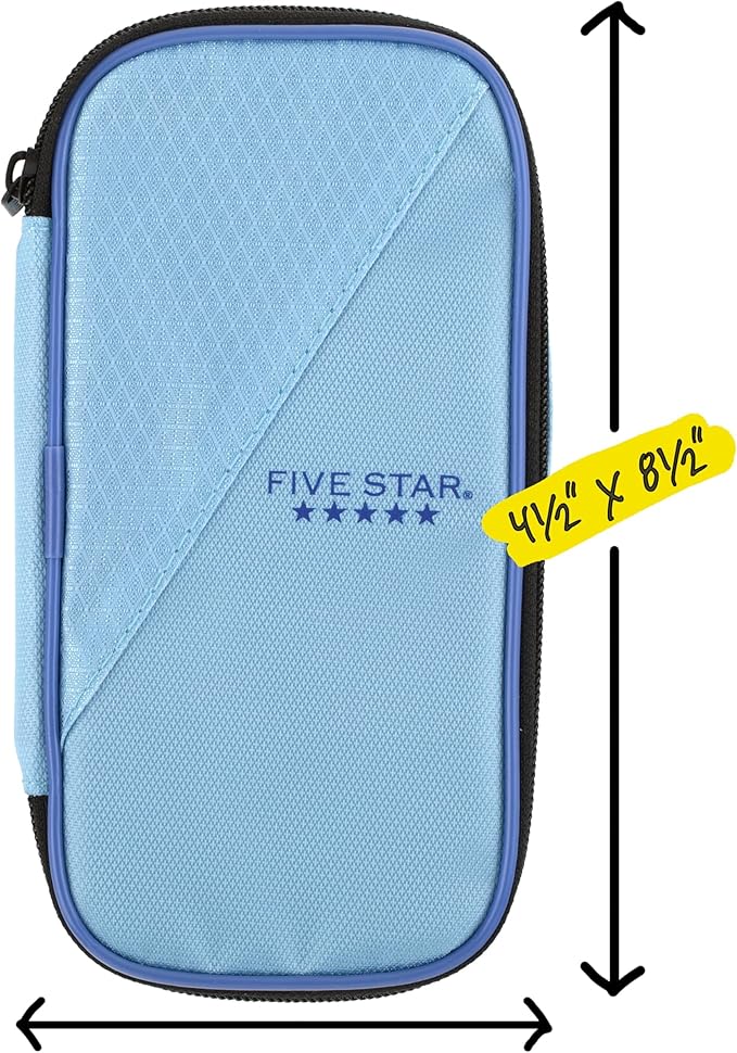 Five Star Pencil Pouch, Pen Case, High-Capacity Zipper Pouch, Storage Organizer for School Supplies Earbuds Chargers Cables Makeup, Blue/Denim (500212F-ECM)