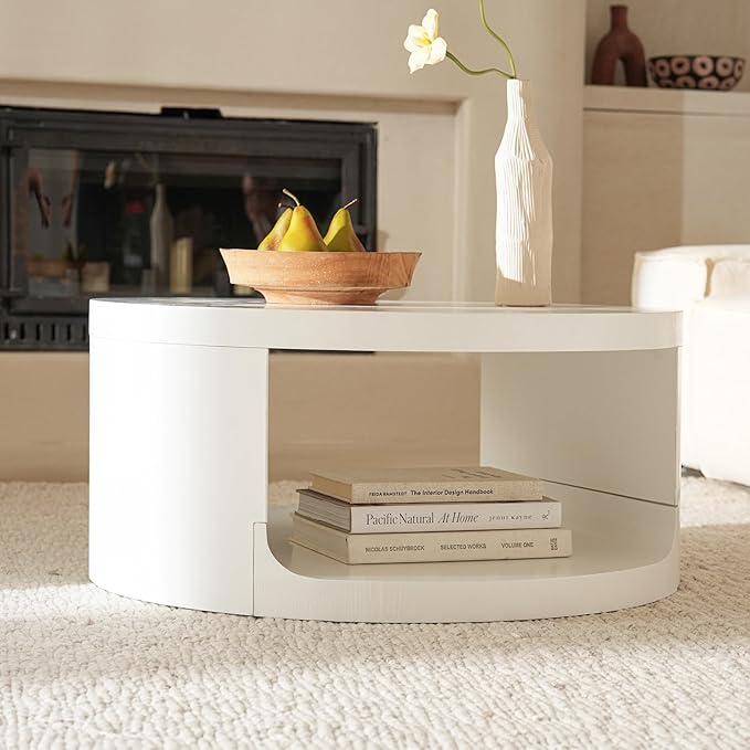 Round Coffee Table with Storage, 31.5" Modern Living Room Table, 2 Tier Circle Wood Center Tables for Apartment, Living Room, Open-Style Storage White Coffee Tables, 31.5"*15.7"(White)