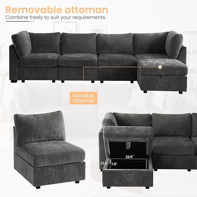 TEKAMON 123" Modular Sectional Sofa,Extra Large Comfy Cloud 4-Seat Deep Seat, Reversible Chaise Modular Sectional Couches for Living Room and Apartmenr,Grey