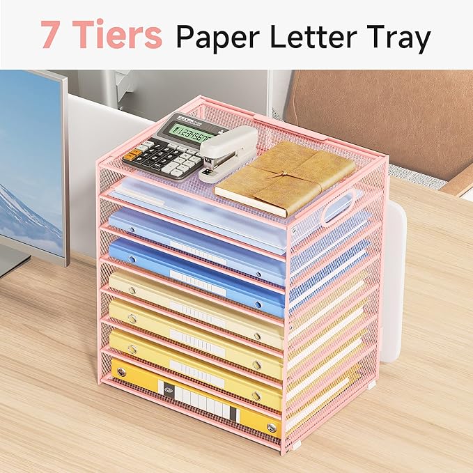 Lavatino 8-Tier Letter Tray Desk Paper Organizer, Mesh File Sorter Tray Organizer for Desk Office Supplies & Home Organization, Fits A4 Paper, Mail, Magazines and Office Accessories (Pink with Handle)