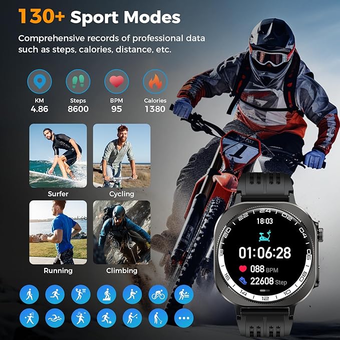 Smart Watch, 2026 AMOLED 1.43" Fitness Smartwatch for Men Women, Bluetooth 5.4 Call, 130+Sports Modes, 60+Days Flashlight, Heart Rate/Sleep Monitor, IP68 Waterproof Activity Tracker for Android iOS