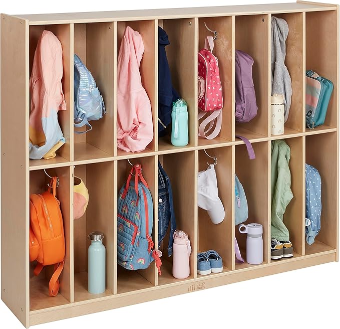 ECR4Kids 16-Section Coat Locker, Classroom Furniture, Natural