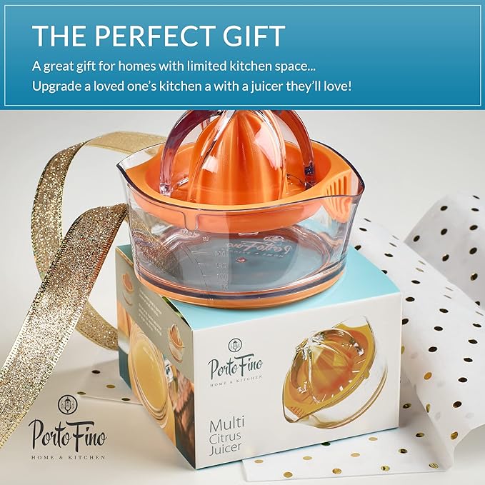PortoFino Citrus Juicer, Lemon Squeezer, Orange Juicer, Manual Hand Juicer with Built-in Measuring Cup and Strainer, Space Saving Design, Pulp Control, Dishwasher Safe, 8oz