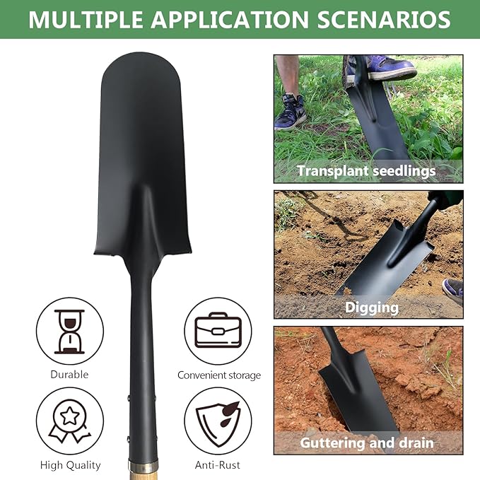 Drain Spade Shovel, Garden Drain Spade, Trenching Shovel, Woode D-Handle, Steel Y-Grip, 45 Inch Spade for Digging Transplanting & Edging
