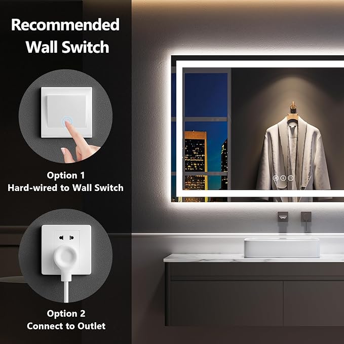 YEELAIT 60x40 Inch LED Bathroom Mirror with Lights Front and Backlit Lighted Vanity Mirror for Bathroom Wall with 3 Colors Dimmable Anti-Fog Memory Shatter-Proof IP54 Waterproof Horizontal/Vertical