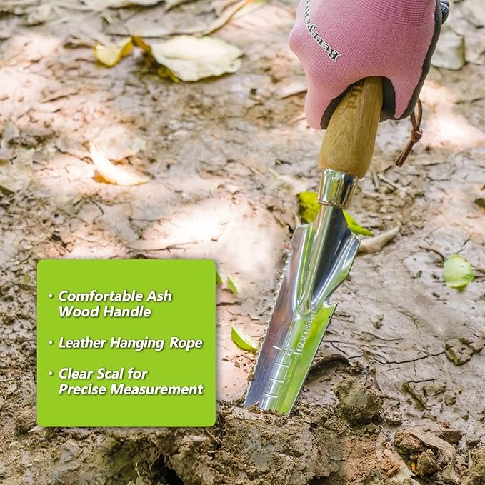 Berry&Bird Garden Hand Weeding Trowel, Stainless Steel Weeder Tool for Gardening with Wooden Handle, Multifunctional Manual Weed Puller & Digging Knife for Planting Transplanting Cutting Measuring