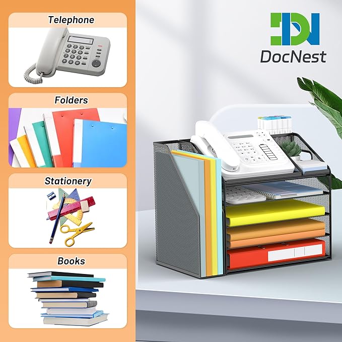 DocNest 5 Tier Paper Letter Tray File Organizer, Mesh Desk File with Handle, Workspace Desk Organizers with Pen Holder, Office Organization Storage Accessories - Black