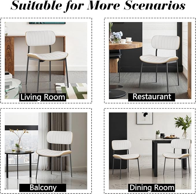 Modern PU Leather Dining Room Chairs Set of 2, Upholstered Kitchen Chairs with Curved Wood Backrest and Metal Legs Adjustable Feet for Kitchen Dining Room(White)