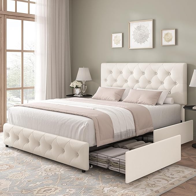Keyluv Modern Upholstered Bed Frame with 4 Drawers, Button Tufted Headboard Design, Solid Wooden Slat Support, Easy Assembly, Fabric, Beige, Full Size