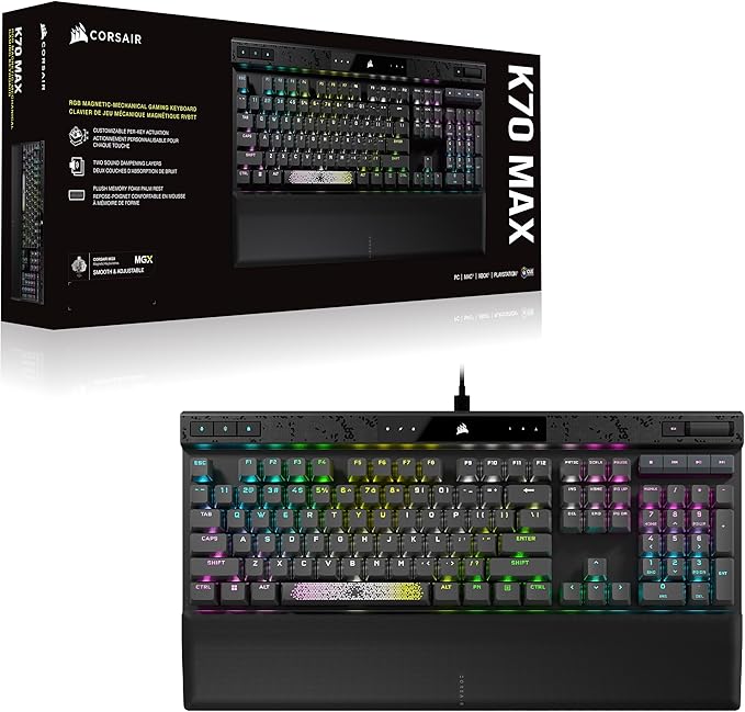 CORSAIR K70 MAX RGB Magnetic Mechanical Wired Gaming Keyboard – MGX Adjustable Switches, Simultaneous SOCD and Rapid Trigger, PBT Double-Shot Keycaps, Sound Dampening, 8000Hz Polling, QWERTY NA, Black