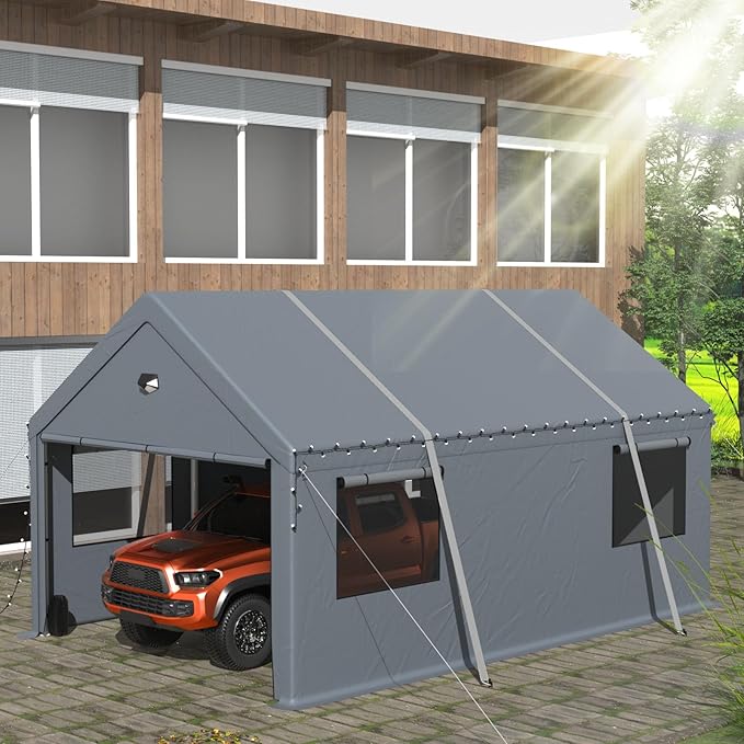 12x20FT Heavy Duty Carport Canopy,Extra Large Portable Car Tent Garage with Roll-up Windows and All-Season Tarp Cover,Removable Roof&Side Walls for Car,SUV,Boats&Truck Shelter Logic Storage