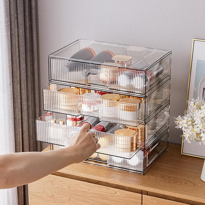 ZHIAI Stackable Storage Drawer, 4 Piece Acrylic Organiser for Cosmetics and Beauty Products, Suitable for Dressers, Bathrooms, Cabinets, Storage Rooms, Bedrooms and Home Organisers