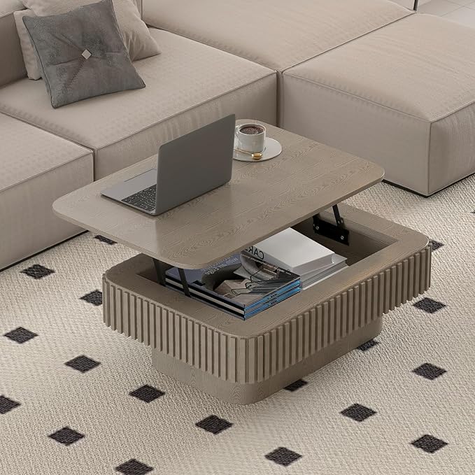 Lift Top Coffee Table for Living Room,Rectangle Handmade Solid Wood Strips, Fluted Coffee Table with Hidden Storage Compartment Small Space Office Apartment (38.6" L×26.8''W×13.8''H-Grey)