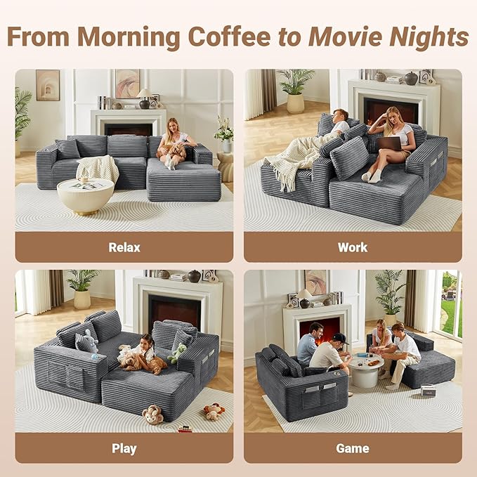 108" Boneless Couch, Cloud Couch Modular Sectional Sofa with Deeper Seat, L-Shaped Sofa with 4 Storage Pockets, Comfy Corduroy Couches for Living Room (Right Facing Chaise, Grey)