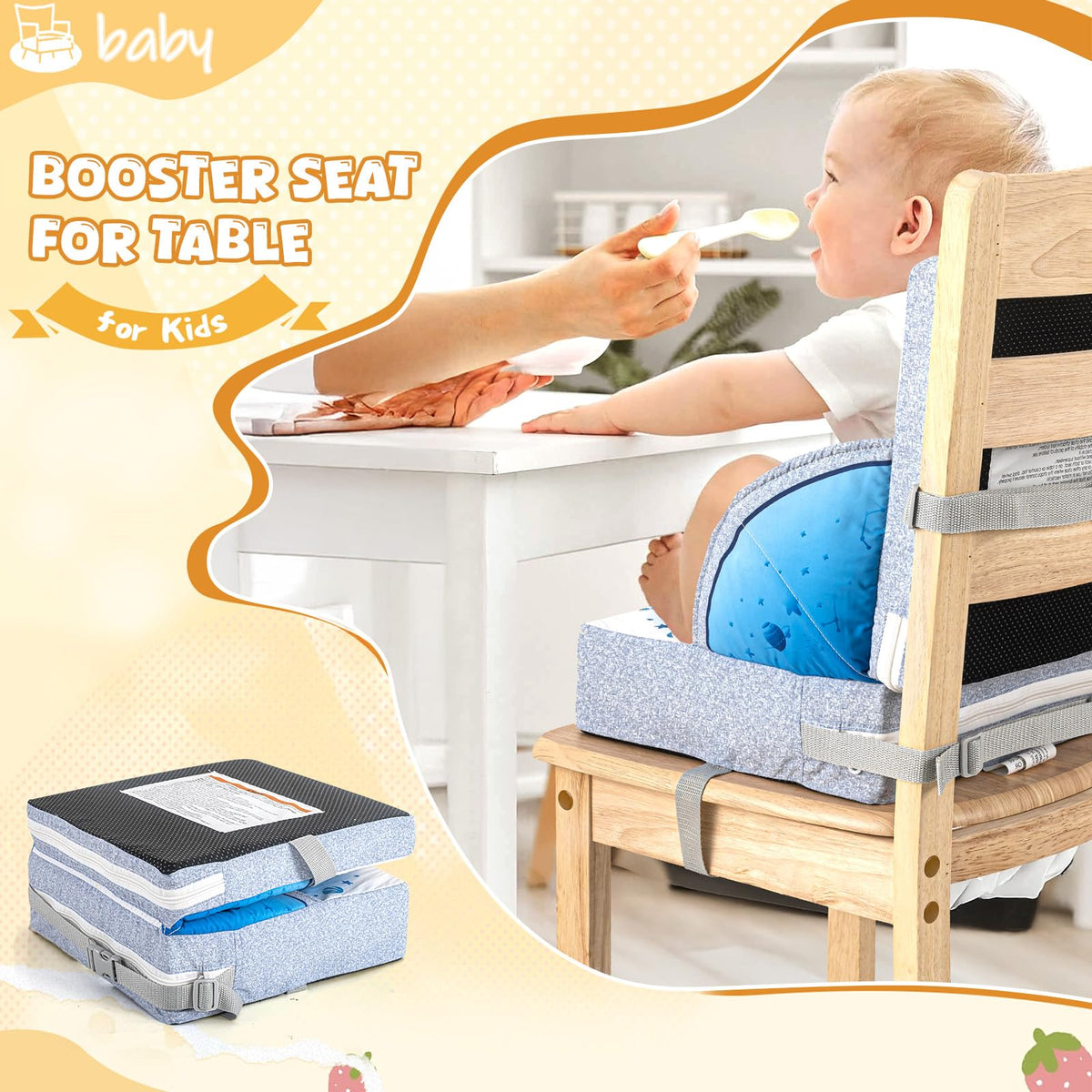 Toddler Booster Seat, Portable Baby Booster for Dining Table, Travel Toddler Chair with Adjustable Straps, Lightweight, Compact Design, Easy to Clean (Blue)