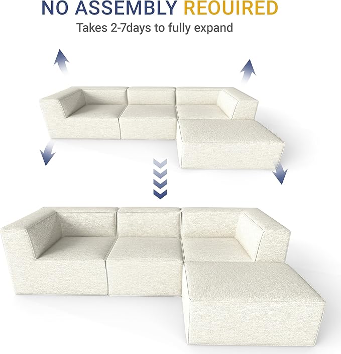 106" Sectional Compressed Sofa Modular Couches L-Shape with Chaise,High-Density Foam No Assembly Required,4-Piece(2xCorner 1xArmless 1xOttoman) for Living Room Chenille Beige