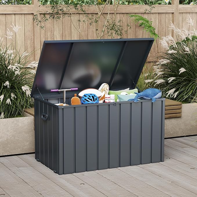Domi Outdoor Storage Deck Box 100 Gallon, Outdoor Deck Box with Waterproof Storage Bag for Outside Cushions, Garden Tools and Pools Equipment, Gray