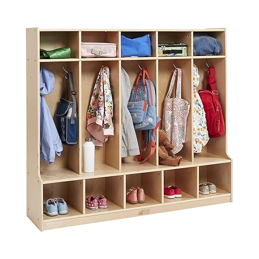 ECR4Kids 5-Section Coat Locker with Bench and Cubby Storage, Classroom Furniture, Natural
