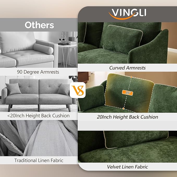 VINGLI 84" W Oversized Comfy Love Seat with Two Seats, Extra Deep Seat Piping Design Loveseat Couch with Two Pillows, Linen Fabric Modern Small Sofa for Small Living Room, Apartment, Bedroom, Green