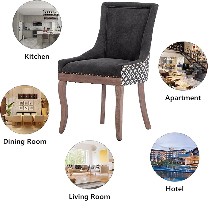 Farmhouse Dining Chairs Set of 4, Upholstered Fabric Dining Room Accent Chairs with Wood Legs & Bronze Nailhead, High Wingback Kitchen Chairs for Living Room Hotel Apartment, Black