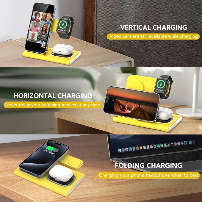 3 in 1 Foldable Wireless Fast Charging Station for Apple Multiple Devices | iPhone Charging Station for iPhone 17 Travel iWatch Charger Stand Light Nightstand Charging Dock for Apple Watch/Airpods