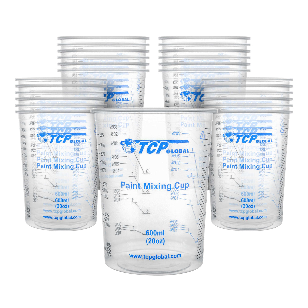 TCP Global 20 oz. (600ml) Graduated Plastic Mixing Cups - Box of 50