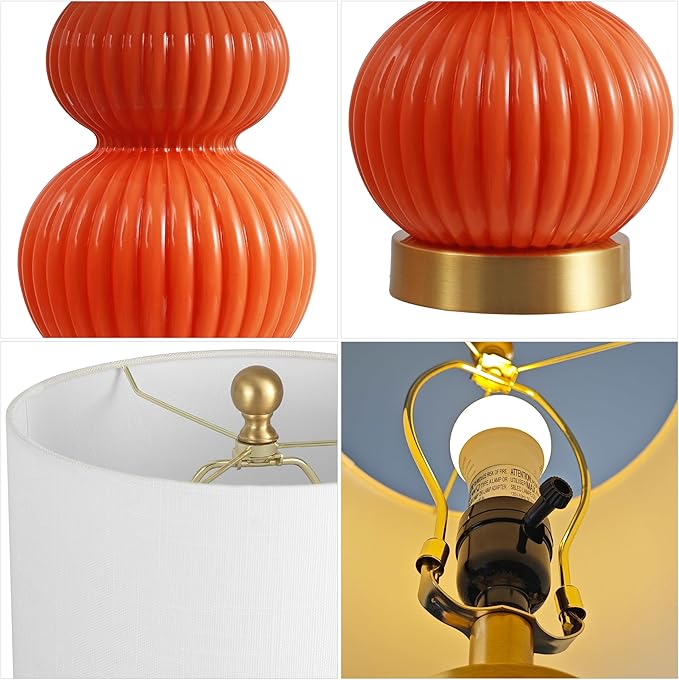 JONATHAN Y 20" Orange/Brass Gold Ribbed Gourd Glass Table Lamp, Modern Bedside Lamp for Bedroom Living Room, White Linen Drum Shade, LED Bulb Included (JYL1099E)