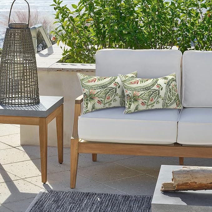LVTXIII Set of 2 Outdoor Lumbar Pillows for Patio Furniture with White Piping, 12"x20" Fade Resistant Patio Lumbar Pillows with Inserts for Home Coach Sofa Use, Faylinn Shadow Paisley