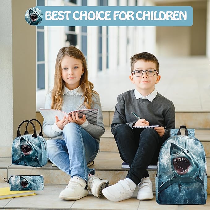 Shark 3PCS Backpack Set for Teens Elementary Middle High School, 17 Inch Lightweight Classic Bookpack 3 in 1 Set for Girls Boys, Kids Back to School Backpack with Lunch Box Pencil Case