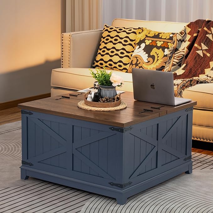 Farmhouse Coffee Table Sets 2 Pieces, Narrow Night Stand with Glass Barn Door Storage, Large Coffee Tables with Hidden Storage Organizer, Wood Furniture Sets for Living Room, Office, Blue