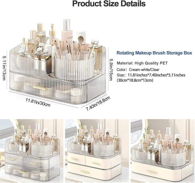 DASITON Makeup Organizer with Drawers and Rotating Makeup Brush Holder,Large Capacity Stackable Cosmetic Organizer Countertop,Bathroom Organizers and Storage,Make up Organizers for Vanity (Clear 02)