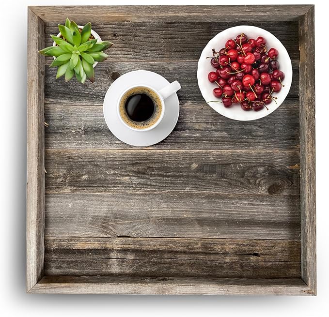 Wooden Ottoman Tray with Felt Pad – Decorative Couch Serving Tray Made with Real Rustic Reclaimed Wood - Perfect for Living Room Ottomans, Sofas, & Coffee Tables -18" x 18"- Natural Weathered Gray