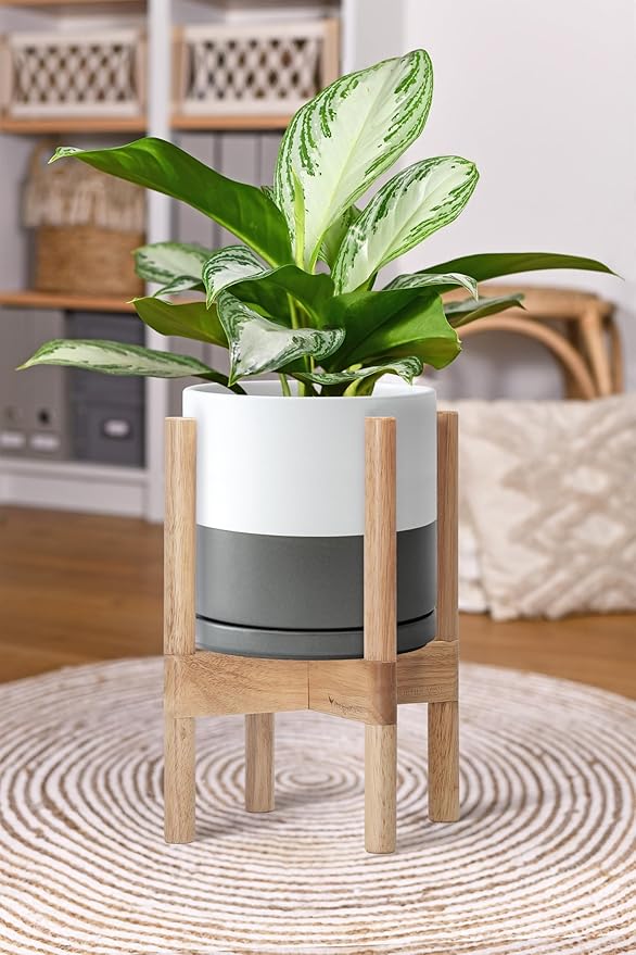 D'vine Dev Ceramic Planter with Natural Stand - 8 Inch Modern Round Flower Pot with Wood Planter Holder, White/Grey, 55-B-N-6
