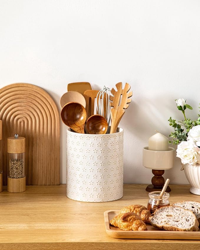 MALACASA LYDIA Ceramic Utensil Holders, 7.3"+5.5" Kitchen Utensil Crock Set for Countertop, Large & Small Utensil Organizers for Cooking Tools, Five-Leaf Grass Pattern