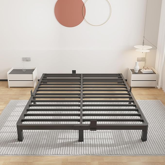 ROIL 4 inch Metal Queen Bed Frame with Rounded Corner Mattress Retainers 3500LBS Heavy Duty Steel Slats No Box Spring Needed Platform Noise-Free Easy Assemble