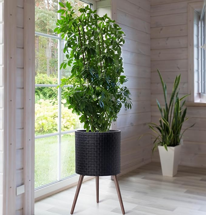 D'vine Dev 16 Inch Modern Geometric Tile Patterned Sleek Planter Pot with Stand, Indoor Outdoor Decorative Plant Holder, Matte Black, 88-Z-E-2