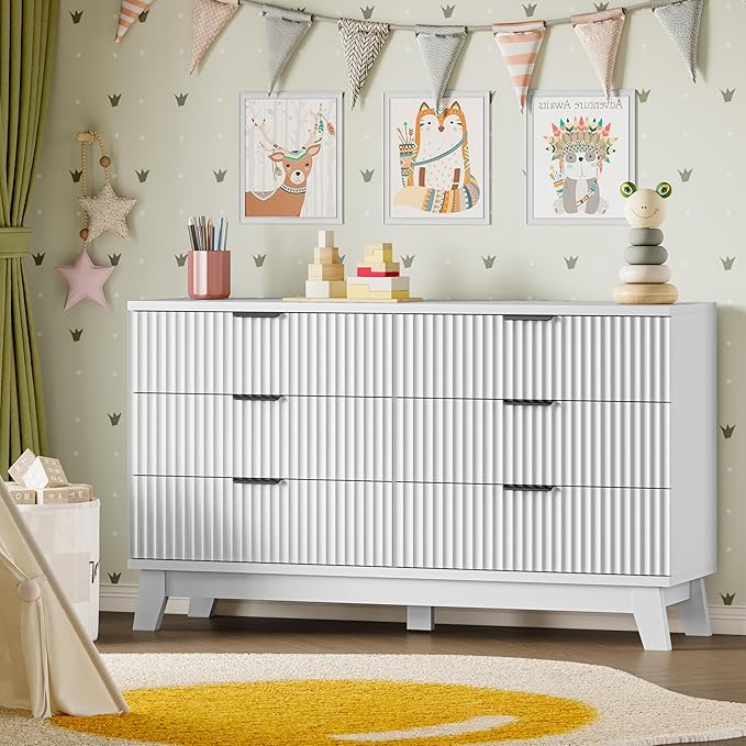 53" Long Dresser for Bedroom, 6-Drawer Dresser with Fluted Fronts, Wide Wood Chest of Drawers, Smooth Metal Slides, Stable Base, Modern Clothes Storage Cabinet for Living Room, Hallway