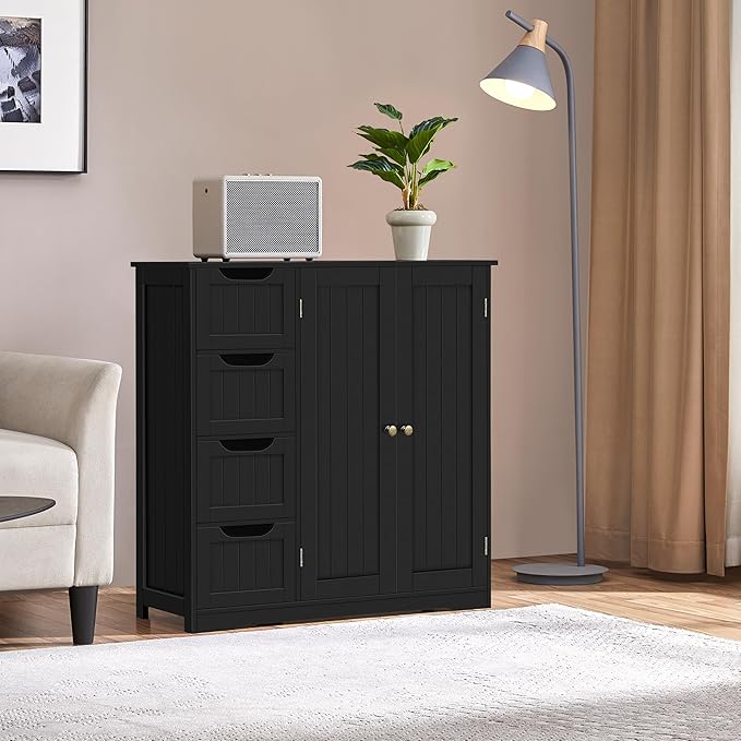 Yaheetech Wooden Bathroom Floor Cabinet, Side Storage Organizer Cabinet with 4 Drawers & Double Doors, Freestanding Entryway Storage Unit Console Table, Bathroom Furniture Home Decor, Black