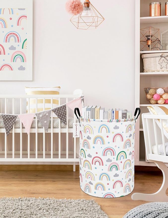 QUEENLALA Large Storage Basket,Laundry Hamper/Bathroom/Home Decor/Collapsible Round Storage Bin,Boys and Girls Hamper/Boxes/Clothing(Round-Rainbow)