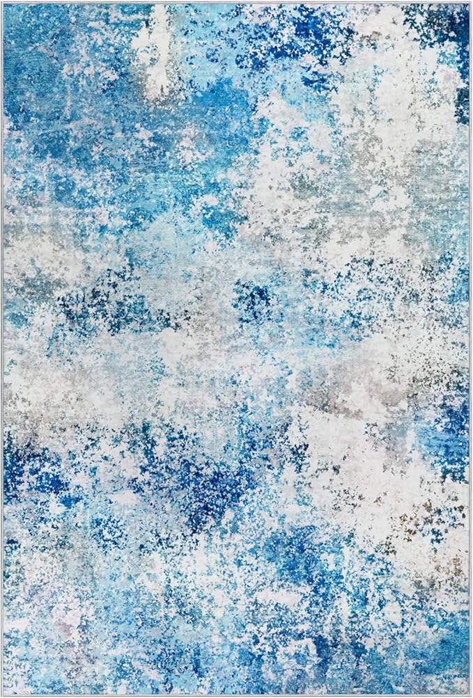 8x10 Area Rugs Living Room Rug - Washable Neutral Modern Abstract Large No Slip Soft Thin Rug Indoor Floor Carpet for Bedroom Under Dining Table Home Office Nursery Room - Blue White