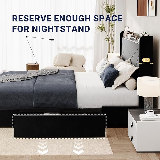 Allewie Full Size Velvet Bed Frame with 3 Storage Drawers, Upholstered Platform Bed with Wingback Storage Headboard and USB Ports, No Box Spring Needed, Easy Assembly, Black