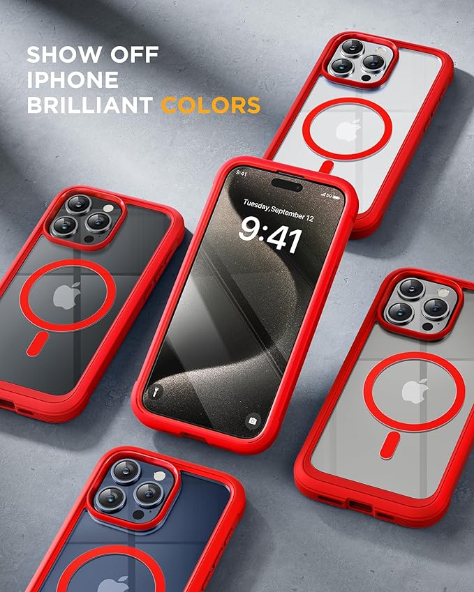 Miracase Magnetic for iPhone 15 Pro Case Full-Body Bumper Phone case with Built-in Glass Screen Protector& Camera Protector, Military Drop Proof 15 Pro Cover, Magnetic Red
