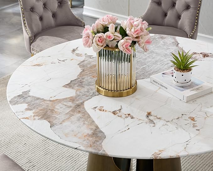 5-Piece Faux Marble Round Dining Table Set for 4, Modern Luxury Kitchen Table Set for 4 with Blue Tufted Chairs,Circle Dining Tables with Pandora Grain Top and Bronze Pedestal Base