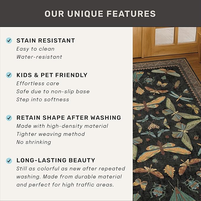 Big Black Area Rug for Living Room - Washable 10x14 Area Rug, Dining Room Rugs for Under Table, Soft Low Pile for Large Bedroom - Insect Witch Dark Moody Bug Decor, Non-Slip & Stain Resistance