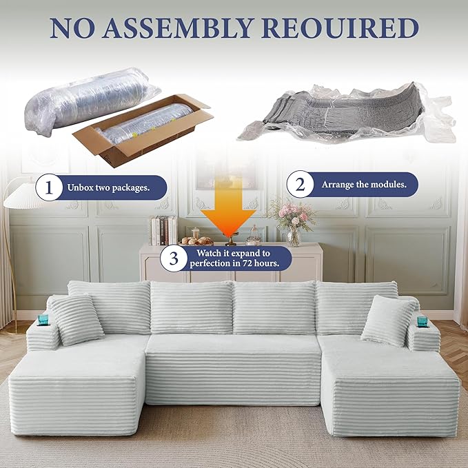 133" Couches for Living Room Deep-Seat Sectional Couch for Living Room Corduroy Boneless Couchs U-Shape Cloud Couch Flexible Modular Sectional Sofa with Chaise Lounge (Light Gray, with Cup Holder)