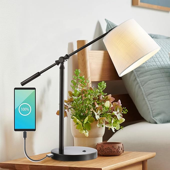 JONATHAN Y 24" Oil Rubbed Bronze 1-Light Iron LED Task Lamp with USB Port, Classic Vintage Industrial Table Lamp with Adjustable Head and Linen Shade, LED Bulb Included JYL1129A