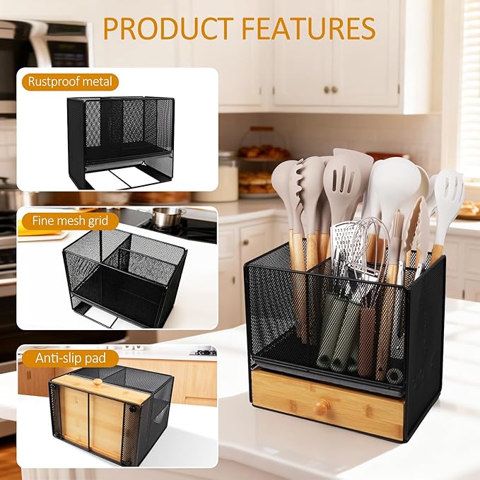 Kitchen Utensil Holder Countertop,Extra Large Utensil Organizer with Drawer